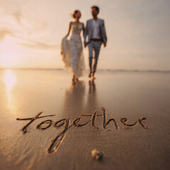 Close-Up of Joyful Wedding Couple Laughing in Warm Sunset Light on Wet Sand – ideal for posters
