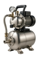 Stainless steel water pump station with pressure tank, ideal for home gardens.