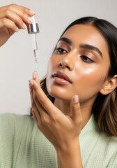 A young Indian woman with glowing skin applying facial serum. Close-up of a beauty routine with a cosmetic dropper. Skincare and self-care concept