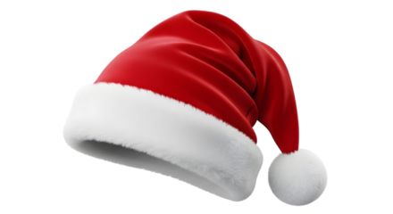 A classic red santa hat with a white fluffy trim and pompom, isolated on transparent background