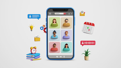 Virtual video conference, remote meeting, online presentation, collaboration, teamwork or cooperation concept. Virtual conference meeting or webinar call on 3D mobile