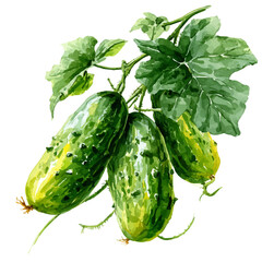 Set Of Cucumbers On Stem Very Natural, watercolor illustration vector, isolated on a white background.