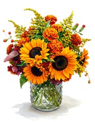Fototapeta premium A watercolor arrangement of vibrant sunflowers, marigolds, and other autumnal flowers in a decorative glass vase