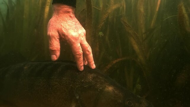 A hand gently touches a zander &ndash; Sander lucioperca &ndash; resting on the bottom before it slowly swims toward the camera in extreme close-up. Rare encounter with this wary predator.