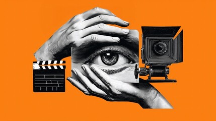 Retro Collage Art With Hand, Eye, Vintage Camera And Clapperboard On Orange Background, Conceptual Photography And Film Design For Wallpaper, Poster, Art Exhibition Concept