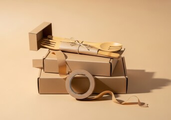 Ecofriendly bamboo cutlery set on boxes isolated on beige background