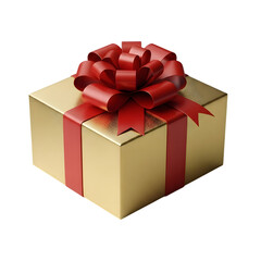 Obraz premium A golden gift box with a red ribbon and a large red bow, isolated on transparent background