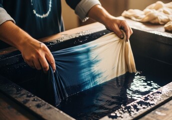 Hands holding a piece of indigo dyed fabric over a container of dye