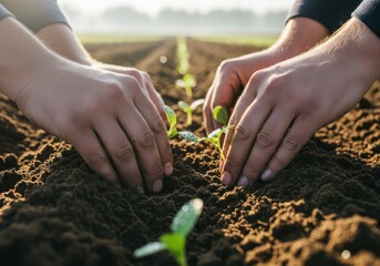 Hands planting young seedlings in the ground on a farm in spring time