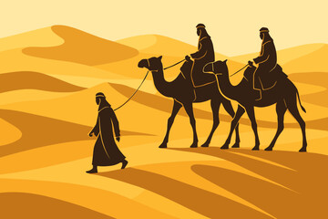Fototapeta premium Desert travelers with camels crossing golden sands during sunset in a serene landscape