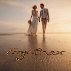Close-Up of Wedding Couple Laughing Together During Sunset by Soft Waves – great for love story visuals