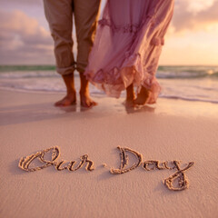 Romantic Close-Up of Couple Barefoot on Pastel Lavender Shoreline at Sunset – ideal for posters