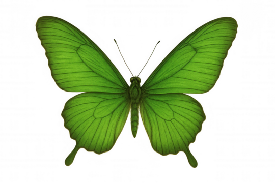 Green butterfly illustration, vibrant insect displaying nature's beauty and symmetrical wings on transparent background