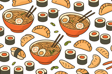 Colorful pattern of noodles, sushi, and dumplings showcases delicious Asian cuisine in a playful design