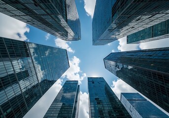 Upward view of modern glass skyscrapers reflecting clouds in blue sky, showcasing symmetrical architecture in a bustling city