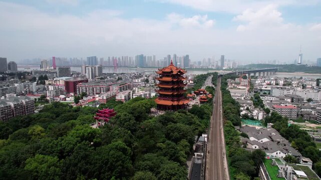 Aerial view of the Yellow Crane Tower, an ancient landmark in Wuhan, China