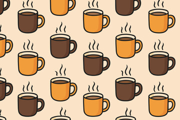 Colorful coffee mugs pattern on a light background featuring steaming cups in various shades