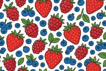 Colorful berry pattern featuring strawberries, blueberries, and raspberries on a white background