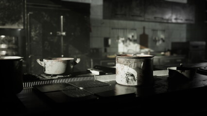 Dust settles in a quaint kitchen, where worn pots and pans rest on an old stove. Shadows dance across the surfaces, hinting at past meals and memories waiting to be revived.
