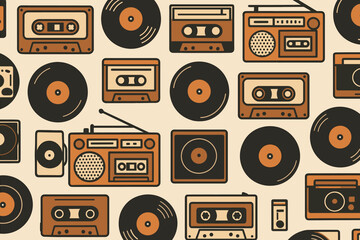 Vintage music elements including cassette tapes and vinyl records for retro design inspiration