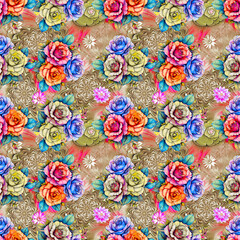 Floral Background Color Pattern Image Cute Graphics Digital Vintage Colour.Tropical seamless pattern background with exotic flowers, palm leaves, jungle leaf, hibiscus, orchid flower