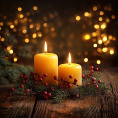 Warm and Inviting Christmas Decor Featuring Glowing Candles Surrounded by Holiday Foliage and Red Berries Against a Soft Bokeh Background