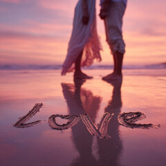 Romantic Wedding Couple on Reflective Pastel Beach During Golden Hour Light – ideal for wall art