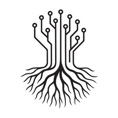 Abstract digital tree with roots symbolizing technology growth and innovation isolated on white background