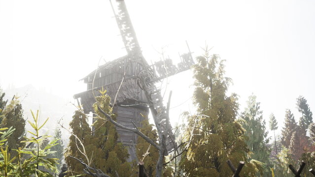 Nestled in a serene forest, an old wooden windmill captures the sunlight. The greenery surrounds it, creating a peaceful atmosphere filled with natures beauty.