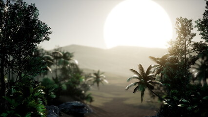 A breathtaking scene unfolds as the sun sets on a tropical landscape. Lush greenery surrounds the view, with palm trees swaying gently in the warm breeze.