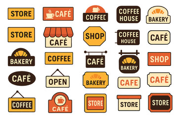 Bright colorful signage for cafes, bakeries, and shops displayed together in a collage