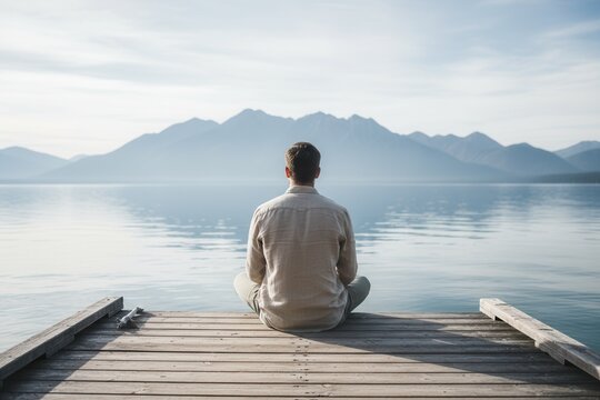 Man meditating on a wooden pier looking at a mountain lake. Back view of a person relaxing in nature. Solitude and mindfulness concept