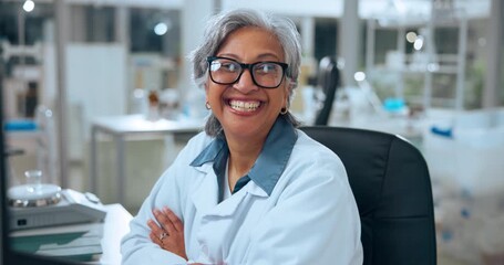 Mature woman, scientist and face with smile at lab, medical research and arms crossed at job. Person, happy and portrait with glasses, confident or vaccine development with pharma career in Mexico - Powered by Adobe