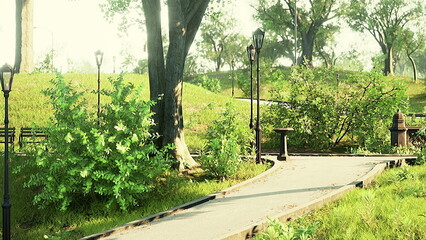A serene pathway meanders through a vibrant park filled with lush trees and blooming plants. Soft sunlight filters through the leaves, creating a peaceful atmosphere for a stroll.