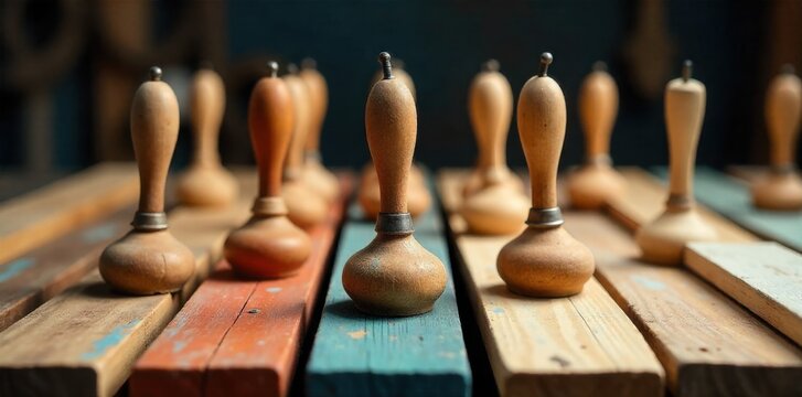 Handcrafted Heritage Rustic Umbrellas in a Workshop Setting A close up, textured shot of several rustic umbrellas in various stages of completion on a wooden workbench in a dimly lit workshop. Include