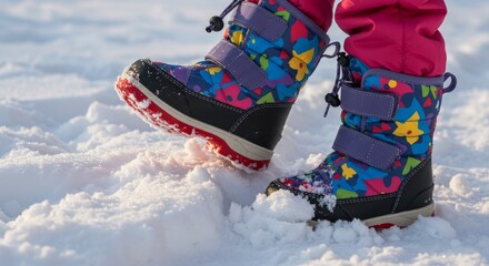 Colorful children's winter boots walking in snow. Great for kids' fashion, winter lifestyle, and outdoor activity visuals.