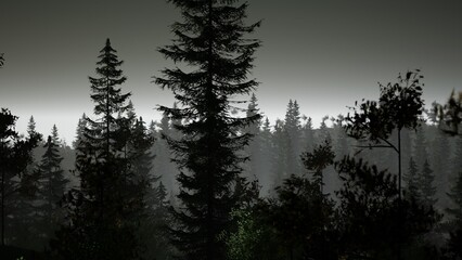 A dense forest stands tall as shadows grow longer at twilight. Dark silhouettes of pines and firs create an atmosphere of mystery, with mist weaving through the trees.