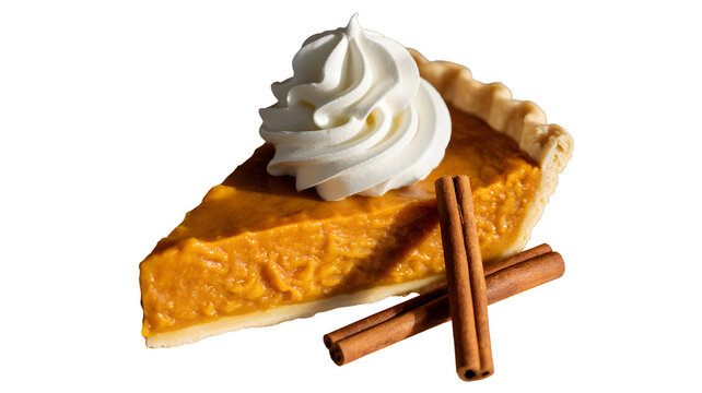 Slice of pumpkin pie with whipped cream and cinnamon sticks isolated on transparent background