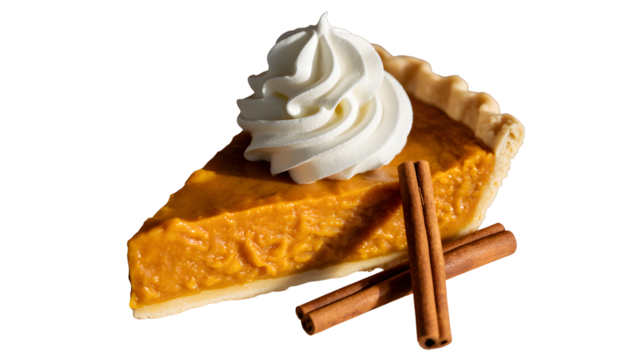 Slice of pumpkin pie with whipped cream and cinnamon sticks isolated on transparent background