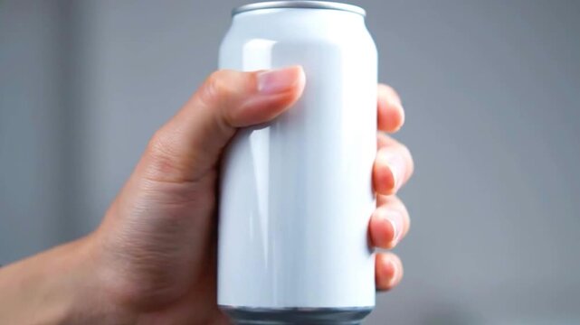 A hand holding a blank white aluminum can, ready for customization or branding, against a neutral background