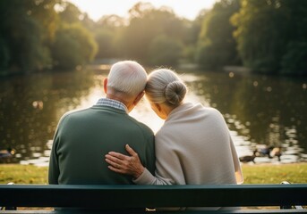 Senior couple sitting on a park bench enjoying a sunset view over a lake. Rear view of an elderly man and woman in a loving embrace. Retirement and companionship concept