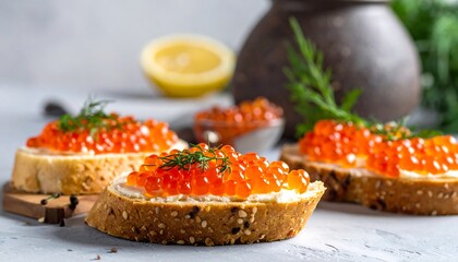 Close-up of caviar on toasted bread, garnished with dill