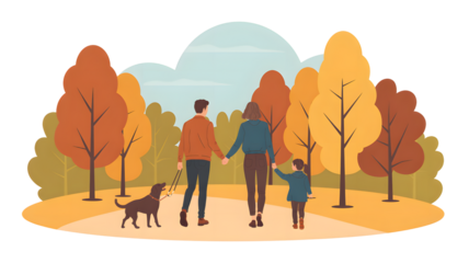 Family walking with dog in autumn park isolated on transparent background