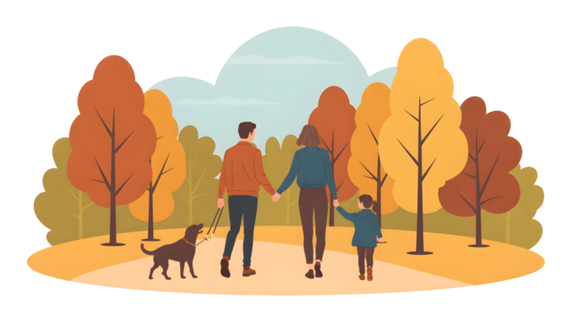 Family walking with dog in autumn park isolated on transparent background