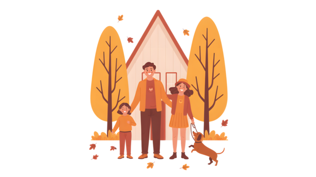Family in autumn park with trees and dog isolated on transparent background - Powered by Adobe