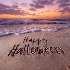 “Happy Halloween” Hand-Written in Smooth Golden Wet Sand with Thin Finger-Drawn Grooves – ideal for seasonal greetings