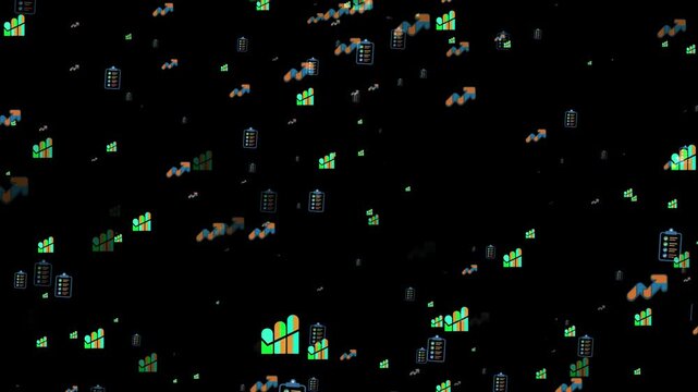 Business Analytics Icons with Charts and Checklists on Black.  Some random premium business elements with particles 4k animation.