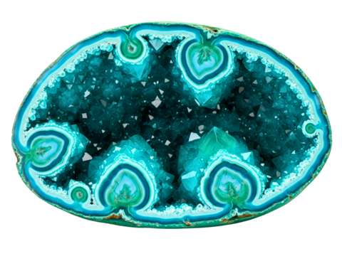 Oval-shaped blue-green geode with sparkling crystal formations on a transparent background
