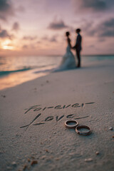 Cinematic Portrait of Elegant Bride and Groom on Tropical Beach at Sunset – great for luxury wedding branding