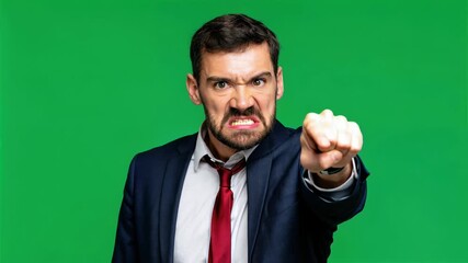 Angry businessman in a suit pointing directly at the camera with a serious expression showing blame or accusation on green chroma background. - Powered by Adobe